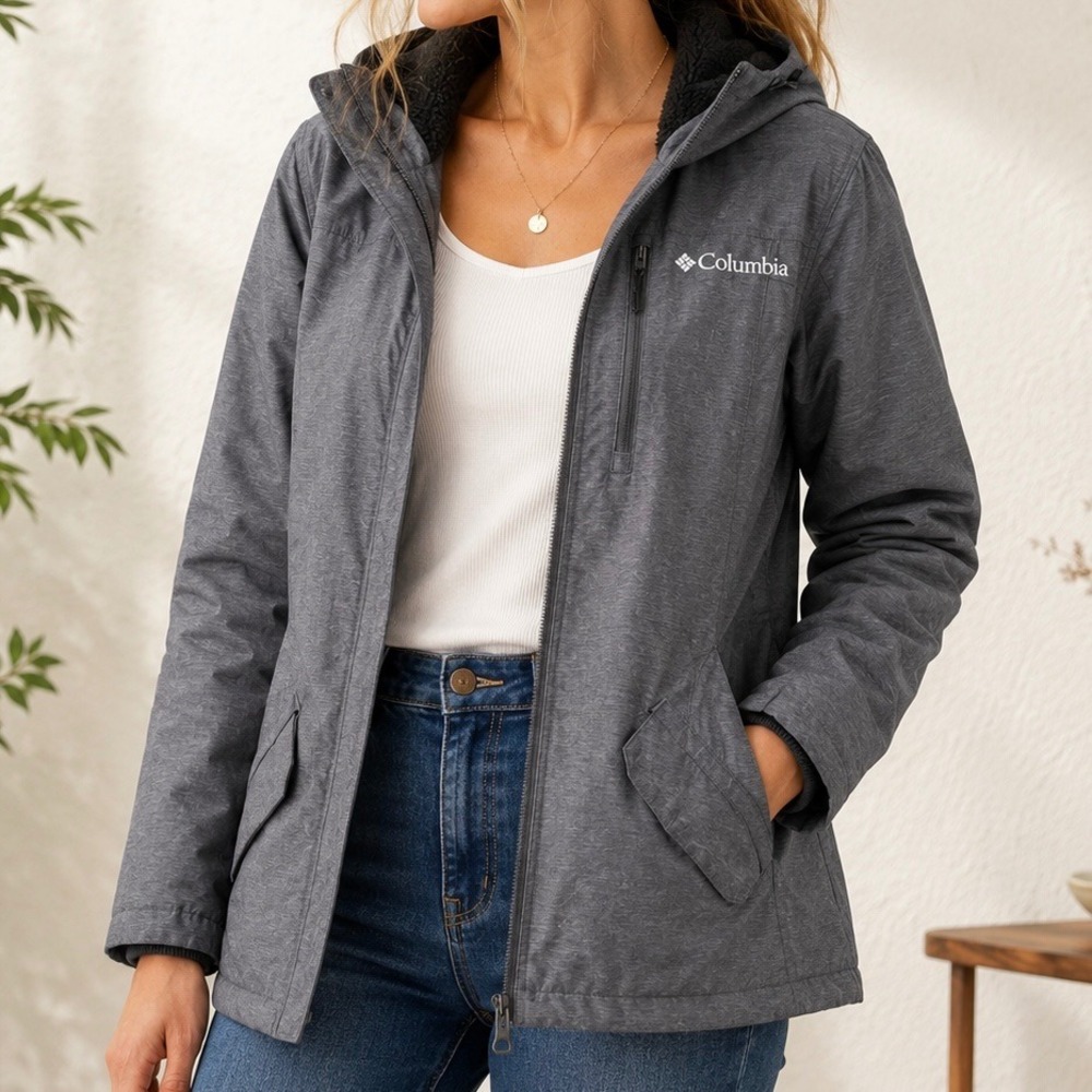 Columbia Omni-Heat Hooded Parka Jacket Gray Heather Sherpa Lined Large